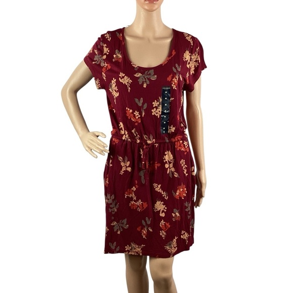 Lucky Brand Floral Print Drawstring Waist Shift Dress Red M - Picture 1 of 7